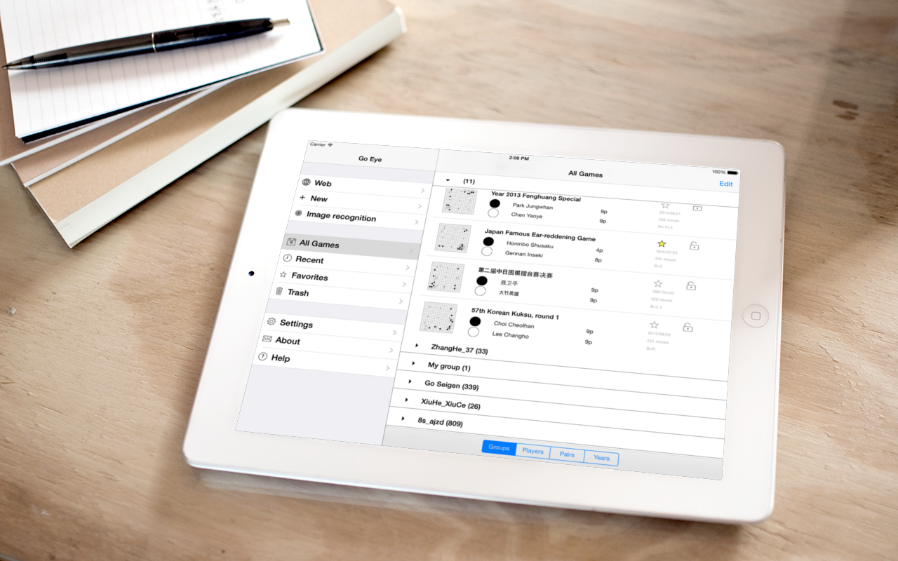 Go Eye on an iPad - Go materials collected from the Internet are saved locally on the device and can be orginised in Groups